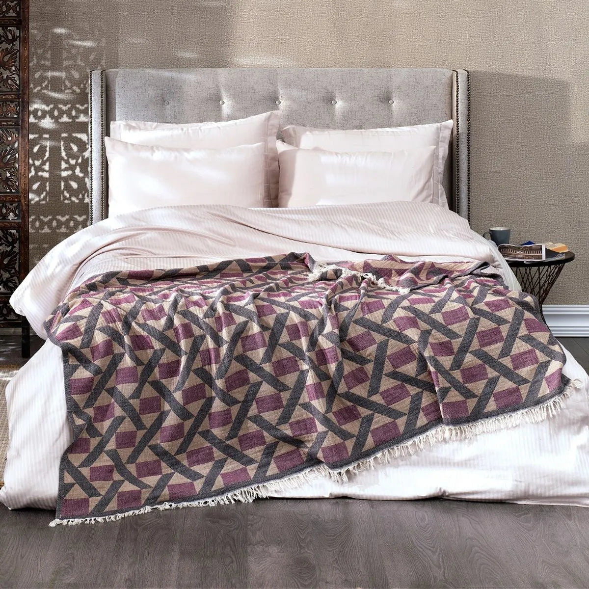 Amethyst Dusk Turkish Cotton Throw with Cream Fringe