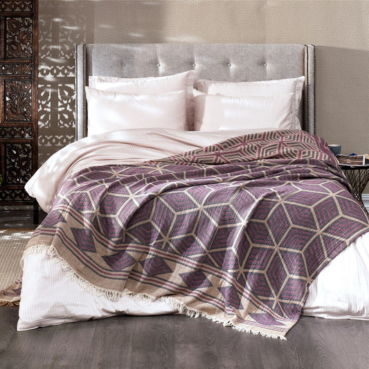 Amethyst Dusk 100% Turkish Cotton - King Size Coverlet with Cream Fringe