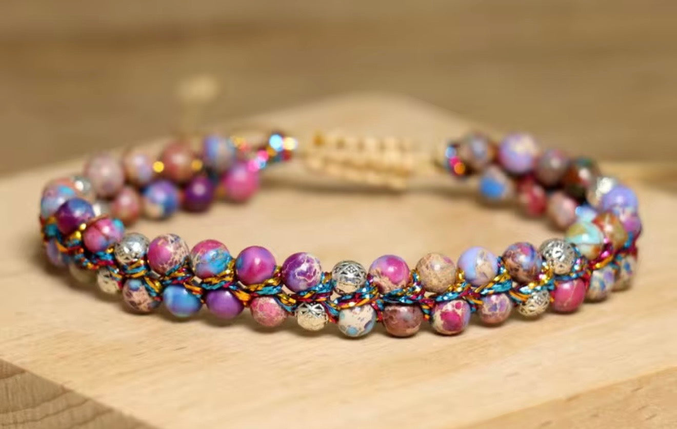 Imperial Jasper Bracelet - Natural Purple Sea-Sediment Jasper Stone Bracelet - Adjustable
